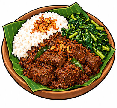 Padang style beef rendang, chunks of beef slow-cooked in spices until dark brown and dry, served with white rice and boiled cassava leaves, traditional food from sumatra, indonesia