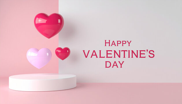 Minimalist Valentines day banner with 3d podium display stage set against soft pink and white wall background with three floating glossy hearts perfect for showcasing beauty items promotion