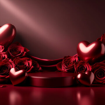 Romantic valentine's day product display featuring lush red roses shiny hearts and a luxurious podium on a deep crimson background for social media Instagram post banner ads website banner templates