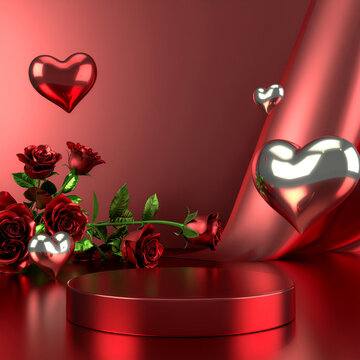 Vibrant valentine's day product showcase with rich red roses floating hearts and a shimmering podium on draped silk background perfect for romantic product launches and social media Instagram post