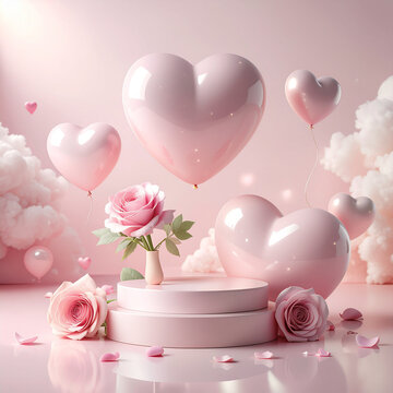 Soft pink heart-shaped balloons and roses arranged on a tiered 3d display podium for a romantic valentine's day theme for social media Instagram post banner ads website banner templates