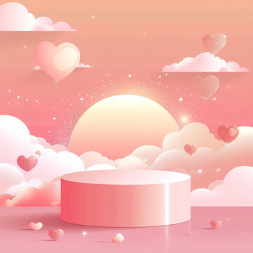 Pink podium on a pastel background with heart balloons and clouds, a romantic sunset scene for valentine's day promotion, 3d render for social media Instagram post banner ads website banner templates