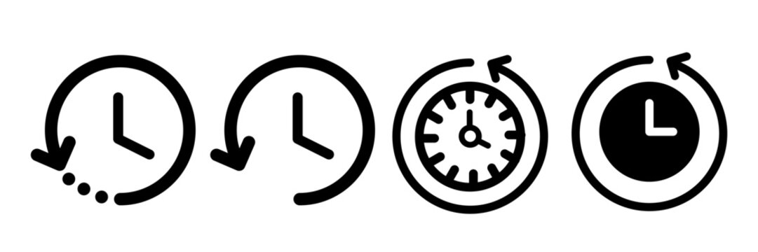 Set of Clock and Time Tracking Icons with History and Reverse Arrows