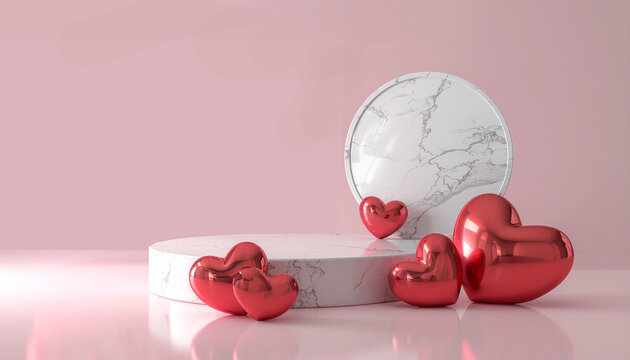 Pink background with marble 3d podium product display, surrounded by glossy red heart balloons for valentine's day and romance social media cover banner ads template design with empty copyspace