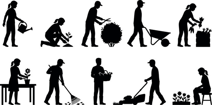 Gardening silhouettes set with people planting, watering, pruning, and harvesting vegetables in vector illustration