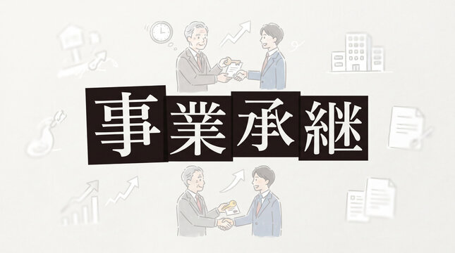 「事業承継」の文字と経営譲渡を表すビジネスイラスト