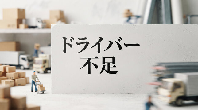 「ドライバー不足」の文字と物流業界の社会問題コンセプト