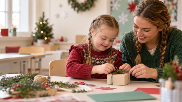 Woman and young girl wrapping a Christmas gift together at a craft table. Holiday presents and seasonal decorations. Family bonding, festive celebration and creative activity.