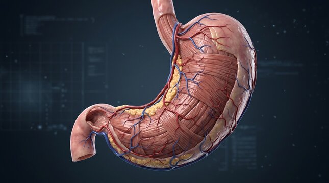 Detailed 3D anatomical illustration of the human stomach showing muscle layers, vascular system, and digestive structures for medical education