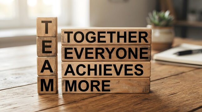 Wooden blocks spelling TEAM and 'Together Everyone Achieves More' on a desk, symbolizing collaboration.