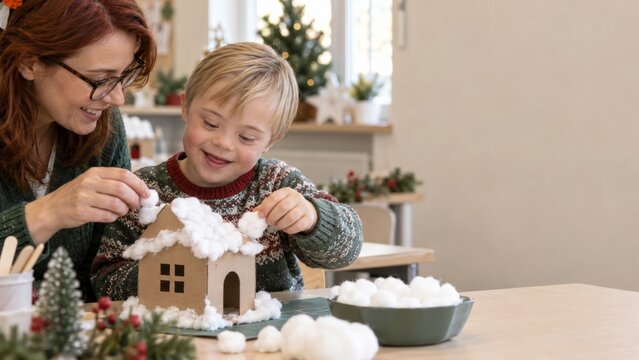 Woman and child making a cotton snow craft house at home. Christmas craft activity for families. Holiday creativity and hands-on learning. Seasonal celebration and family bonding