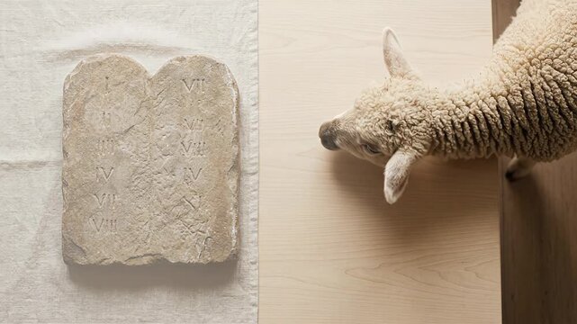 Biblical Ten Commandments Stone Tablets with a Curious Fluffy Lamb Peeking into the Frame, Wood and Linen Flatlay Backdrop with Copyspace