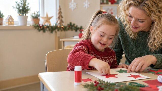 Mother and daughter making Christmas paper decorations together at home. Family crafting holiday ornaments. Festive seasonal activity, creative learning and quality time.