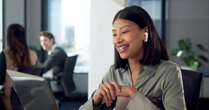 Video call, discussion and businesswoman with laptop in office, coworking and recruitment process. Hiring manager, job offer and happy person with earphones, talking and virtual meeting in business