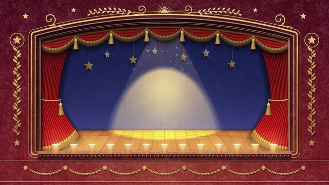 Paper toy theater stage, red crepe paper curtain opens, spotlight finds empty stage with copy space, curtain closes, seamless loop animation