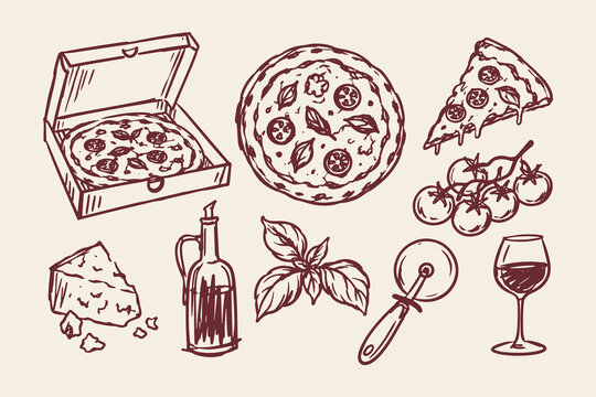 Pizza Vintage Hand Drawn Sketch Set with Pizza Box, Slices, Tomatoes and Basil