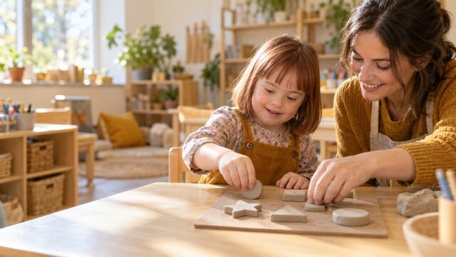 Mother and young daughter shaping clay together at a table in a creative classroom. Family craft activity and hands-on learning. Childhood development through art and play. Pottery workshop.