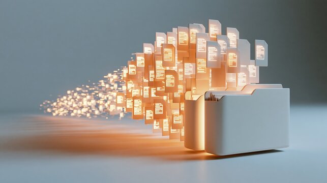 Digital data management concept, glowing document icons flying from a folder, cloud storage and file organization, high-tech information transfer