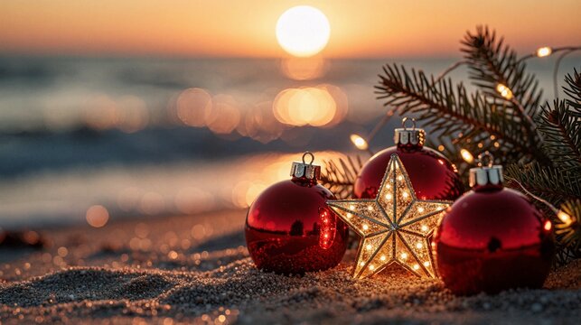 Christmas Decorations on Beach at Sunset with Red Baubles and Glowing Star