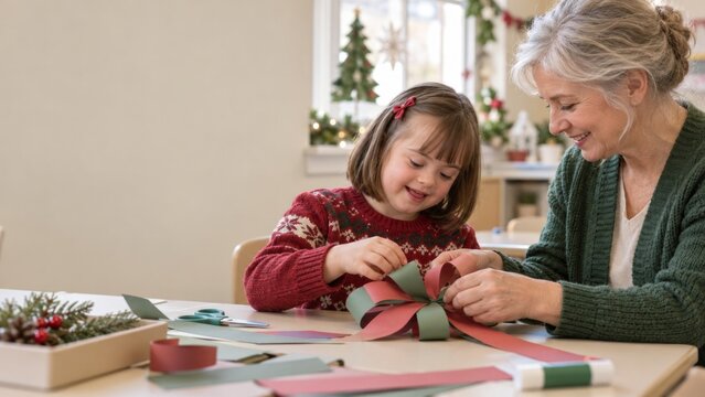 Grandmother and girl making a holiday ribbon bow together at a craft table. Christmas gift wrapping and handmade decoration. Intergenerational family bonding. Seasonal creative activity