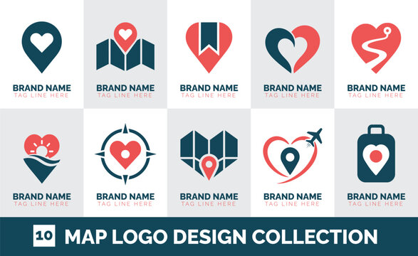 Map logo design collection, 10 travel love location pin icon vector set, heart pin navigation brand identity symbols for tourism app