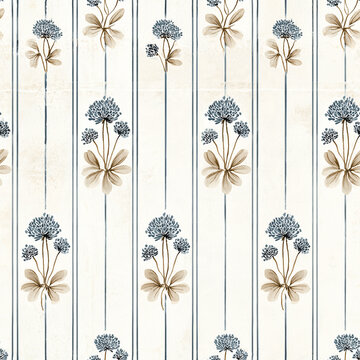 Vintage Dusty Blue Floral Striped Seamless Pattern