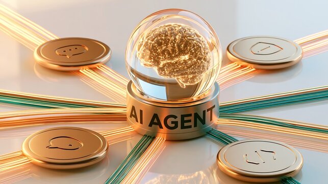 AI Agent technology with human brain in glass sphere, futuristic artificial intelligence concept, gold coins and glowing fiber optic lines