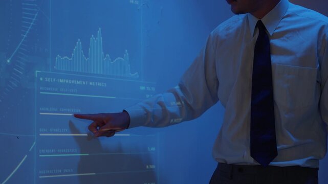 Businessman analyzing self improvement metrics on a futuristic holographic financial data chart presentation
