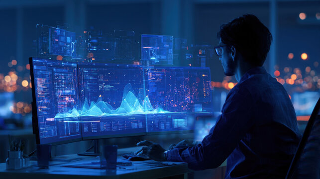 Software developer analyzing complex financial charts and futuristic data holograms on multiple computer monitors at night, concept of big data analysis, cybersecurity, software engineering, and AI.