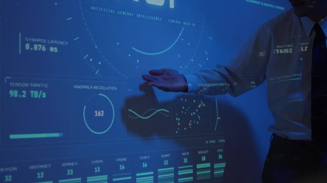 Data scientist analyzing artificial intelligence metrics projected on a wall during a futuristic business presentation