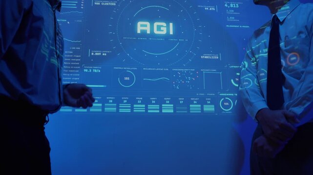 Engineers developing AGI with a futuristic holographic user interface discussing complex data and neural network structure