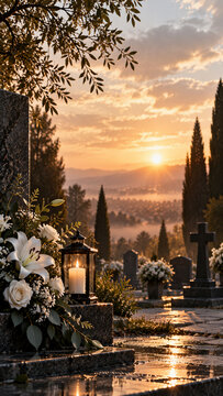Memorial candle and white flowers at cemetery during sunset