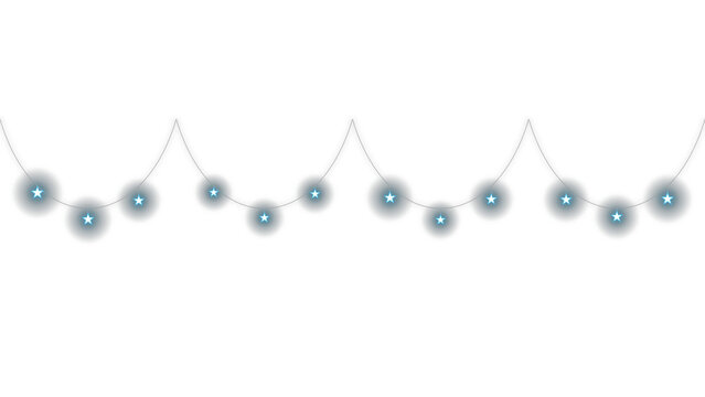 Isolated festive blue glowing star shaped fairy lights string decoration on white transparent background