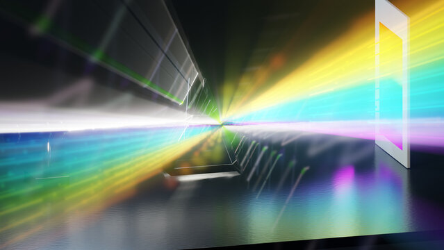 Abstract 3D optical physics background with light refraction through prism and rainbow spectrum