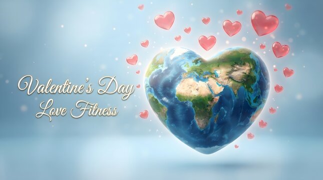 Heart shaped earth with floating red hearts representing global love and care