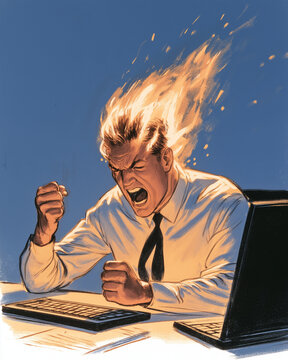 Burning Ambition: A businessman, his hair aflame, clenches his fists and roars in frustration, his face contorted in anger and stress as he works at his computer.