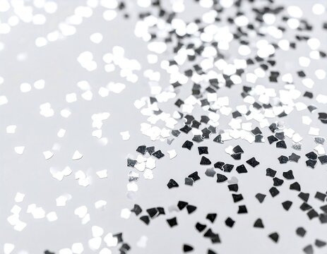 Close up of scattered silver and black glitter flakes on white surface