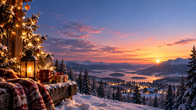 Christmas lantern and hot drink overlooking snowy mountains at sunset