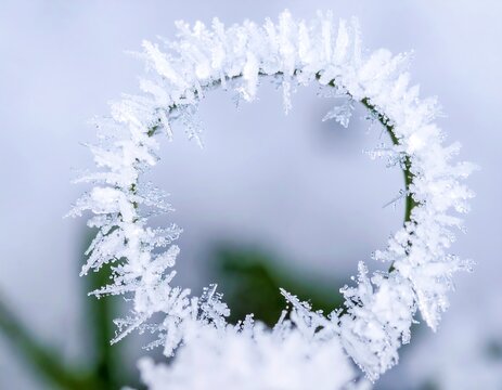 Snowflake covered plant ring against a blurred background