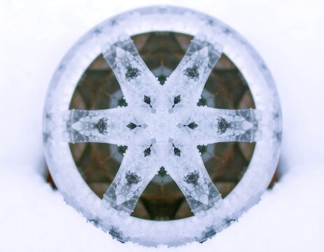 Closeup showing a symmetrical ice crystal pattern