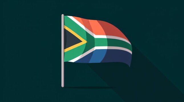 South Africa flag waving under bright light showing colors and design with strong shadow