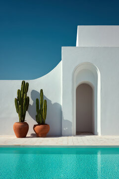 Two potted cacti against a curved white wall beside an arched niche, turquoise pool in front, deep clear sky. Minimal Mediterranean villa and calm summer