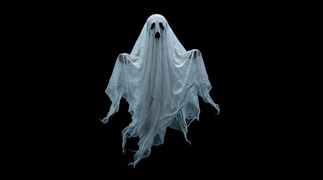 A spooky white ghost floating in flowing fabric, hauntingly isolated against a dark black background