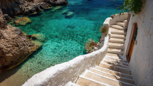 Whitewashed stone staircase winding past a wooden door down to a secluded cove, clear turquoise water and rocks. Greek island summer and quiet seaside escape
