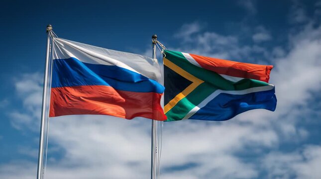 Flags of Russia and South Africa wave in the wind against a blue sky with clouds during the day