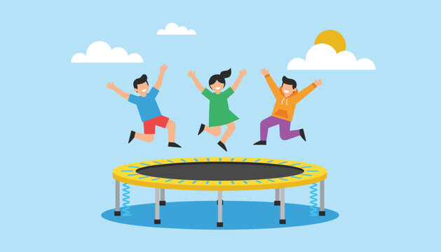Three happy children jumping high on a large round trampoline outdoors under a sunny blue sky with soft white floating clouds.
