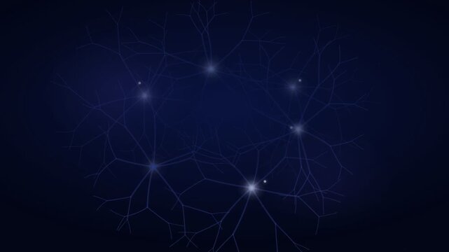Abstract 3D animation of a neural network showing synapses firing with glowing blue electrical impulses across interconnected nodes, representing brain activity, artificial intelligence, and data.