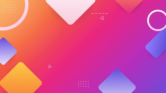 Abstract geometric presentation background with vibrant sunset gradient and floating square shapes.