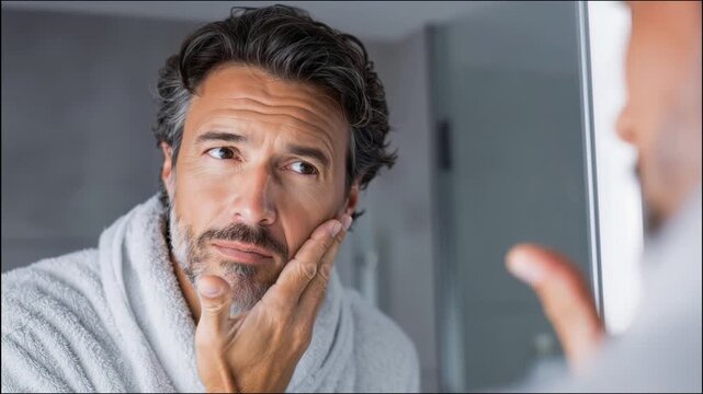 4K video of mature man with beard touching face, appearing thoughtful or concerned in modern bathroom setting with natural lighting and mirror reflection.