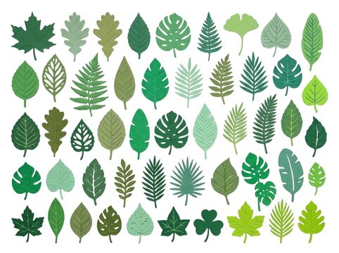 Various green paper cut tropical foliage and botanical leaves arranged neatly against pure white background